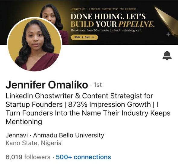 Jennifer Omaliko LinkedIn profile showing buyer-facing headline and 6000 plus followers built organically as LinkedIn ghostwriter for founders